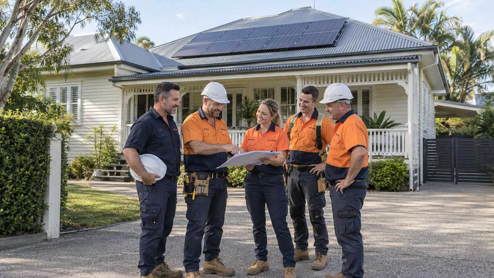 About NuRoof Brisbane – Roofing and Trades Team Illustrative trades team reviewing plans outside a Brisbane home with a metal roof and solar panels.