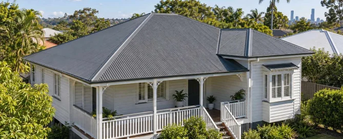 Illustration of a white Queenslander home with a new charcoal metal roof.