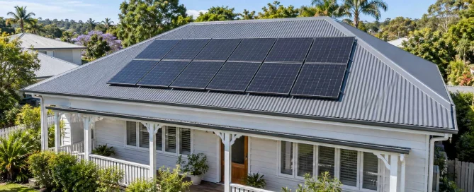 Illustration of solar panels installed on the grey metal roof of a white Queenslander home.